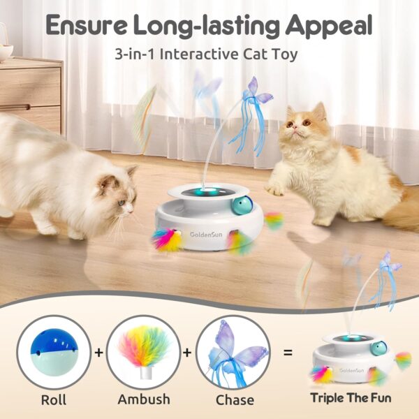 GoldenSun 3-In-1 Interactive Cat Toys for Indoor Cats Adult, Smart Cat Feather Toys, Rechargeable Power Cat Toys Balls & Handmade Butterfly Cat Toy, Cat Teaser with 6 Attachments - Image 2