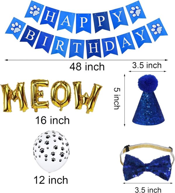 JOTFA Cat Birthday Party Supplies, Kitten Bandana with Hat Bow Tie Number Banner Balloons Meow Letter for Decorations, Blue - Image 6