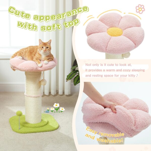 PAWZ Road Flower Cat Scratching Post, Small Cat Tree, Tall Cat Scratcher for Indoor Cats with Super Thick Scratching Post [Dia=14cm], Removable Flower Cat Bed, Cat Scratch Post with Spring Ball, Pink - Image 5