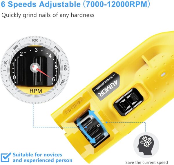 4UMOR Dog Nail Grinder Quiet Electric Pet Nail Trimmer, Professional Painless Pet Paws Grooming & Smoothing Tool with 6 Speeds, 3 Ports, 2 LED Lights for Large Medium Small Puppy Dogs Cats - Image 2