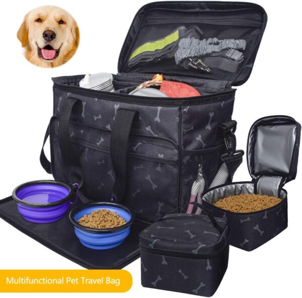 Zwini Dog Travel Bag Washable Storage Supply Tote Thermal Bag with Compartments, Foldable Feeder and Drinker (Black) - Image 2