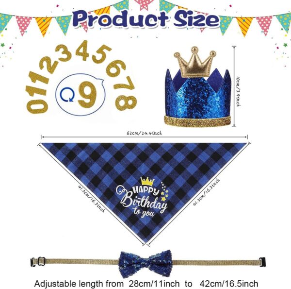 Crown Dog Birthday Hat,4PCS Cute Dog Birthday Hat and Bandana with Dog Bow Tie and Gold Numbers Reusable Dog Birthday Party Supplies for Pet Puppy Cats Small Medium Dogs (New Blue) - Image 2