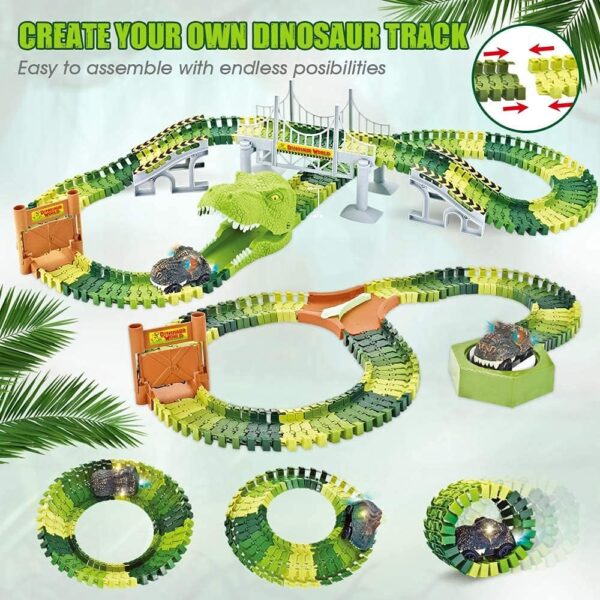 174 PCS Dinosaur Toys Race Track, Flexible Train Tracks with 8 Dinosaurs Figures, 2 Electric Race Cars Vehicle Playset with Lights to Create A Dinosaur World Road Race for Toddlers Kids Boys Girls - Image 4