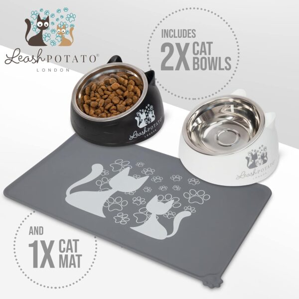 Cat Bowls Cat Food Water Bowl Cat Food Mat Wipe Clean Feeding & Watering Supplies for Cats Raised Cat Bowl Cat Feeding Mat Bowl Cat Accessories Kitten Bowls (Grey + Black + White) - Image 2