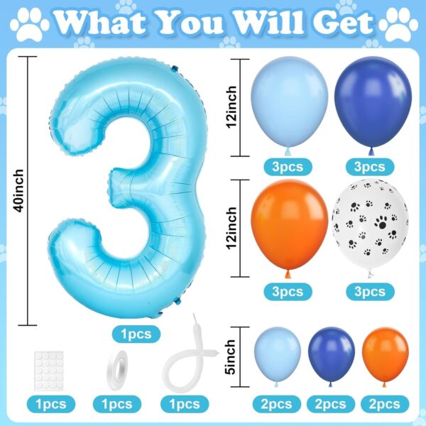 40 Inch Number 3 Balloon Blue, Dog Paw Balloons Tower with Navy Blue Orange and Pastel Blue Balloons for Boys 3rd Birthday Party Decor Kids 3 Year Animal Puppy Dogs Theme Party Supplies - Image 2