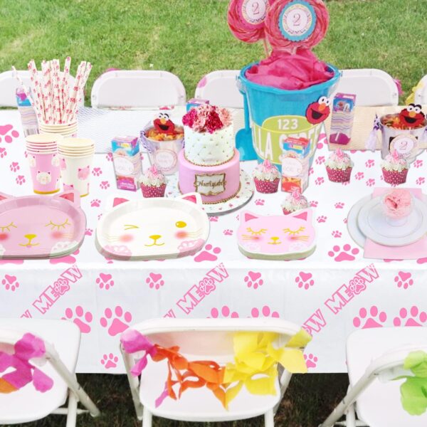 107 PCS Cat Birthday Party Supplies - Kitten MEOW Banner, Cat Paper Plates, Napkins, Cups and Tablecloth for Girl Pet Cat Party Decorations, Serve 20 Guests - Image 8