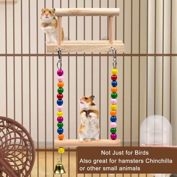 TeTupGa Bird Perches Cage Toys, Parrot Wooden Platform Stand with Swing Bell Swing Hanging Standing Chewing Toy Bird Cage Accessories for Parakeet, Cockatiels, Conures, Budgie, Lovebird - Image 4