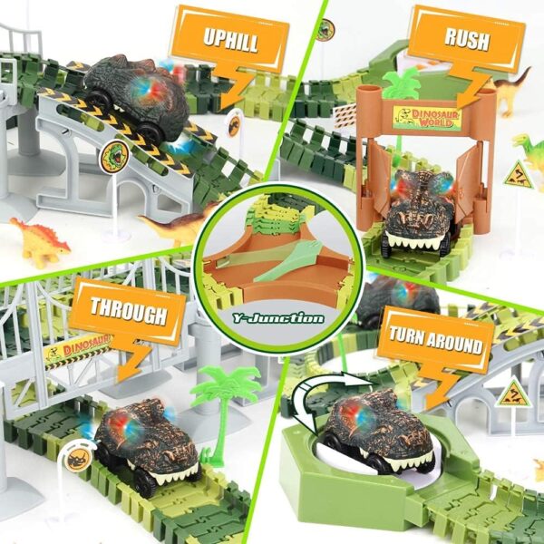 174 PCS Dinosaur Toys Race Track, Flexible Train Tracks with 8 Dinosaurs Figures, 2 Electric Race Cars Vehicle Playset with Lights to Create A Dinosaur World Road Race for Toddlers Kids Boys Girls - Image 3