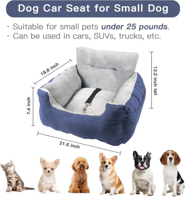 URGVANZ PET Dog Car Seat for Small Dogs, Blue Portable Dog Travel Bed, Soft Plush Small Dog Car Bed, Washable Pet Car Seat, Dog Bed for Car with Storage Pocket, Clip-On Safety Leash - Image 5