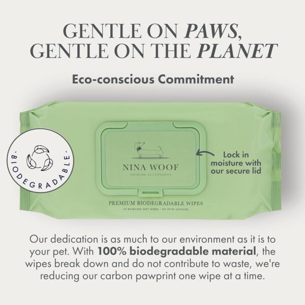 Nina Woof Premium Dog Wipes - Alcohol-Free Plant-Based Cleaning Wipes for Dogs and Cats - Pet Friendly, Eco-Friendly, Biodegradable, Non-Scented. Wipes with Aloe Vera for Pet Care – 100 Wipes - Image 3