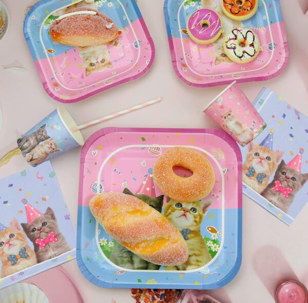 Cat Party Supplies Set, Kitten Dinnerware Including Happy Birthday Banner Macaron Balloons Dinner Plates Dessert Plates Napkins Cups Cutlery Cupcake Toppers - Serves 20 - Image 4