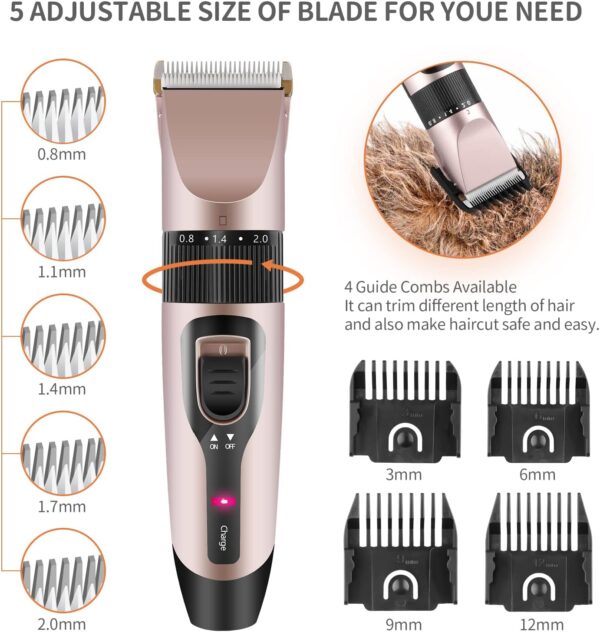 Dog Grooming Clippers Kit Ninonly Professional Pet Grooming Set Rechargeable, Cordless, Electric Pet Hair Clippers Set with 4 Combs and Cleaning Brush Nail Kits for Dogs, Cats and Other Pets Rose - Image 3