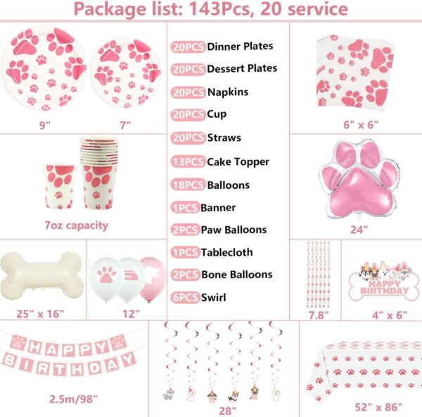 Pink Dog Birthday Party Supplies, Dog Paw Prints Decorations Including Happy Birthday Banner, Balloons, Plates, Tablecloth, Cups, Napkins for Girl Puppy Theme Birthday Party Serves 20 Guests - Image 3