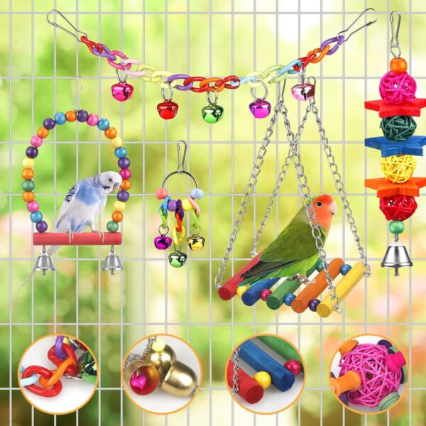 YIXUND Bird Toys for Conures with Colorful Ladder Hammock Bird Cage Accerious Bird Perch Stand Chewing Toys Hanging Bell Parrot Parakeet Cockatiel Lovebirds - Image 2