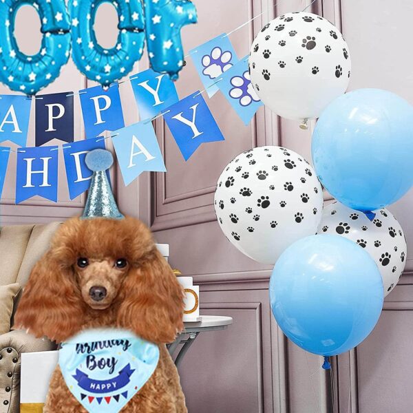 Dog Birthday Party Supplies,Dog Birthday Bandana Hat Set,Bandana, Happy Birthday Banner,Triangle Scarf,12 Inch Paw Print Balloon,Cute Bowtie for Pet Boy/Girl, Party Accessories (blue) - Image 5