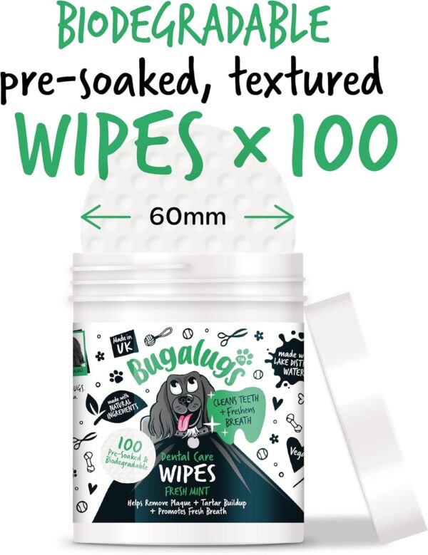 BUGALUGS Dog Breath Freshener Dog Teeth Wipes - Dog Plaque Remover Dog Wipes & tartar remover for teeth. Dog Teeth Cleaning Product No Dog Toothbrush And Toothpaste Brushing Needed (Dog 100 Wipes) - Image 3