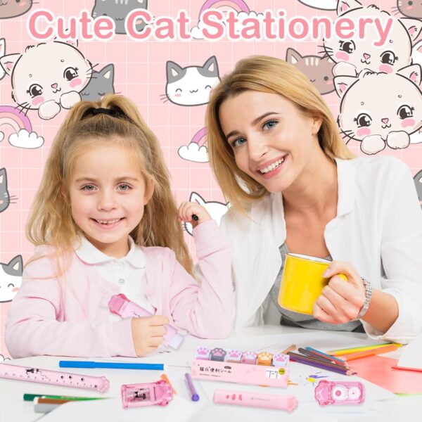 TIESOME Cute Cat Paw Stationery Set, 7 Pcs Kawaii Cartoon School Supplies Includes Sharpener Retractable Eraser Correction Tape Sticky Notes Ruler Eraser Replacement Core for Cat Lovers Students - Image 5