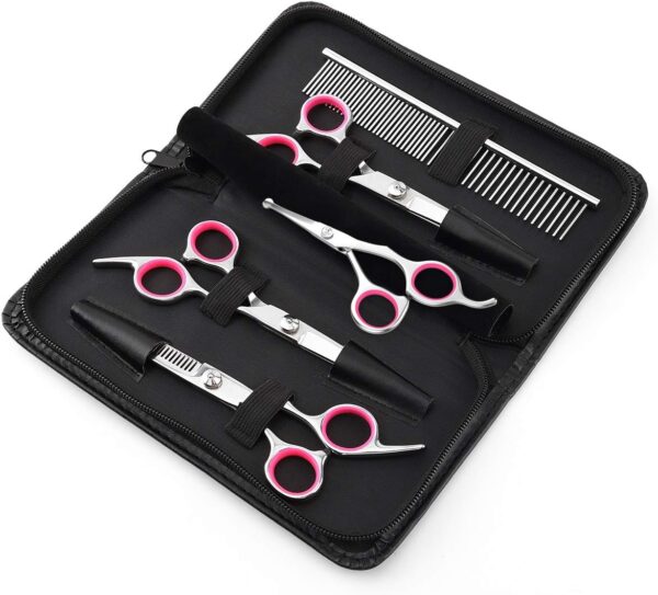 Pawaboo Dog Grooming Scissors 5 Pack, Dog Grooming Kit Stainless Steel Titanium Coated Dog Scissors Dog Grooming Scissors Set, Straight/Curved Shears & Comb with Case for Small Large Pet Dog Cat, Pink - Image 8