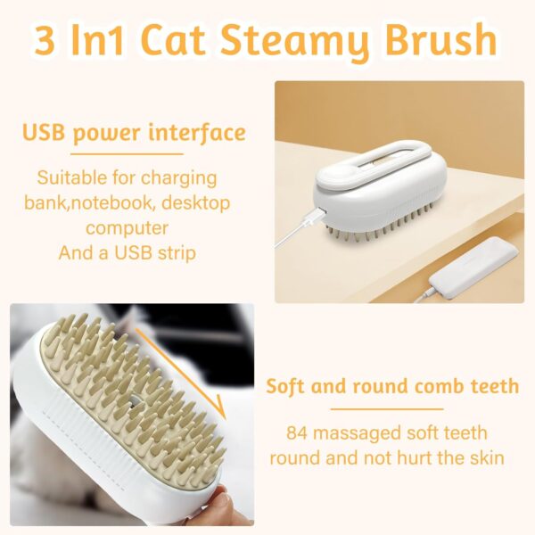 Cat Steam Brush 3 In1 Steamy Cat Brush Rechargeable Cat Brush With Spray Dog Brush Self Cleaning Steam Cat Brush Multifunctional Cat Grooming Brush for Massages,Treatments, Eliminate Flying Hair - Image 3