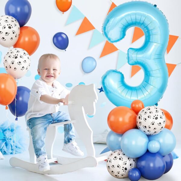 40 Inch Number 3 Balloon Blue, Dog Paw Balloons Tower with Navy Blue Orange and Pastel Blue Balloons for Boys 3rd Birthday Party Decor Kids 3 Year Animal Puppy Dogs Theme Party Supplies - Image 3