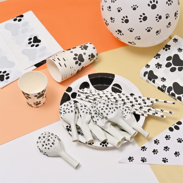 Fvomye 68 Pieces Dog Party Decoration Pet Dog Birthday Party Supplies Dog Paw Print Party Tableware Party Plates Cups Napkins Tablecloth Banner Straw Paw Print Balloons - Image 4