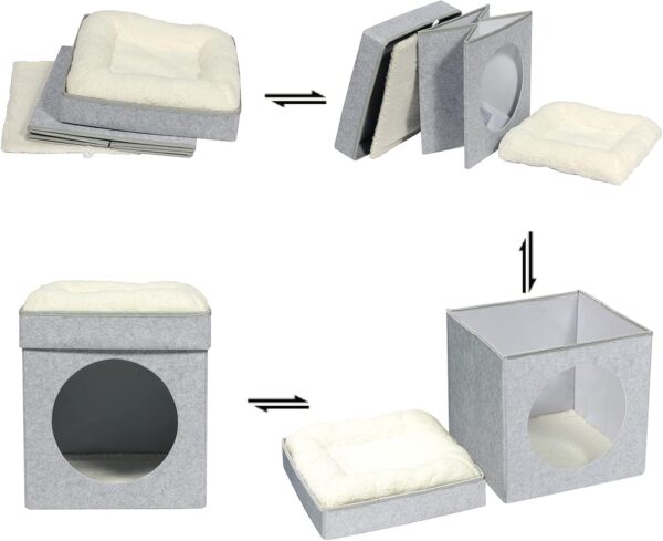 Bonlife Felt Cat House Indoor,Foldable Pets Bed Small Cave Kennel with Two Move Cushion,Winter Dog Bed Warm Comfortable,Light Grey,32X32X39CM - Image 7