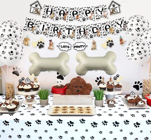 Dog Theme Party Decorations - HAPPY BIRTHDAY Dog Banner, LET'S PAWTY Bunting, Paw Tablecloth, Cake Toppers, 4 Walking Dog Balloons, 14 Paw and Bone Balloons Set for Doggy Puppy Kids Birthday Party (B) - Image 2