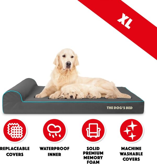 The Dog’s Bed Orthopaedic Headrest Dog Bed XL Grey with Blue Trim 117x71x10cm, Waterproof Memory Foam Dog Bed - Image 6