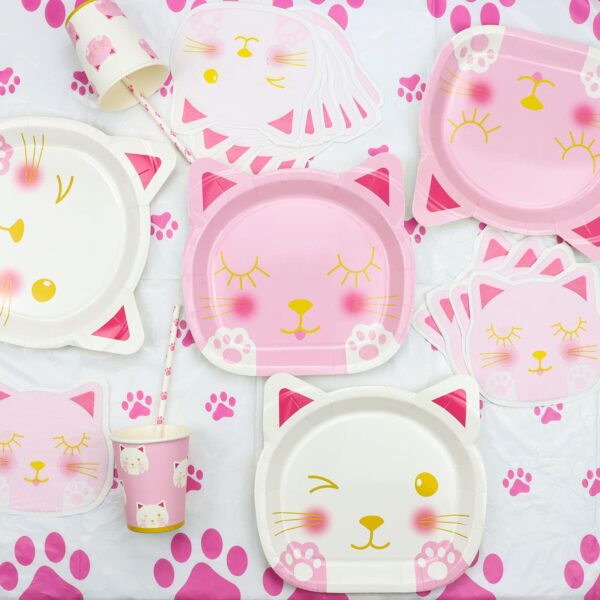 107 PCS Cat Birthday Party Supplies - Kitten MEOW Banner, Cat Paper Plates, Napkins, Cups and Tablecloth for Girl Pet Cat Party Decorations, Serve 20 Guests - Image 7