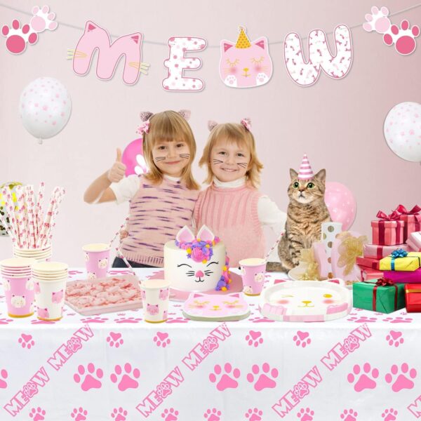 107 PCS Cat Birthday Party Supplies - Kitten MEOW Banner, Cat Paper Plates, Napkins, Cups and Tablecloth for Girl Pet Cat Party Decorations, Serve 20 Guests - Image 6