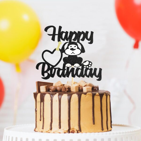 Sotpot Dog Puppy Happy Birthday Cake Topper 1 PCS Black Glitter Pet Theme Bday Party Cake Supplies for Dog Sign Theme Baby Shower Kids Birthday Supplies - Image 4