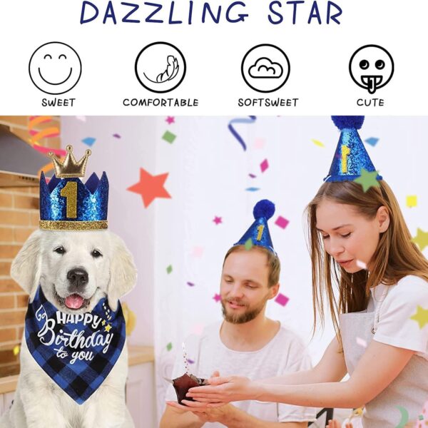 Crown Dog Birthday Hat,4PCS Cute Dog Birthday Hat and Bandana with Dog Bow Tie and Gold Numbers Reusable Dog Birthday Party Supplies for Pet Puppy Cats Small Medium Dogs (New Blue) - Image 5