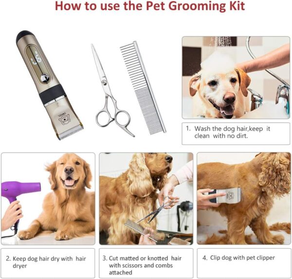 Dog Clippers, 2-speed Professional Rechargeable Cordless Cat Shaver and Low Noise Water Proof Electric Dog Trimmer Pet Grooming Kit Animal Hair Clippers Tool with Scissors Combs - Image 7