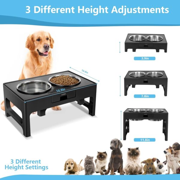 Elevated Dog Bowls, Stainless Steel Raised Bowl with Adjustable Stand, Double Food and Water for Medium Large Dogs or Cat, 3 Heights 3.9”, 7.8”, 11.8” (Black) - Image 2