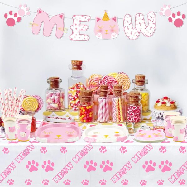 107 PCS Cat Birthday Party Supplies - Kitten MEOW Banner, Cat Paper Plates, Napkins, Cups and Tablecloth for Girl Pet Cat Party Decorations, Serve 20 Guests - Image 9