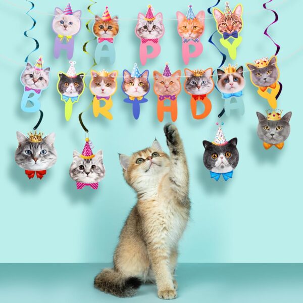 17pcs Cat Birthday Party Supplies, Cat Party Decorations Including Happy Birthday Banner Hanging Swirl Birthday Cake Topper Cupcake Topper for Cat Theme Party Birthday Party - Image 4