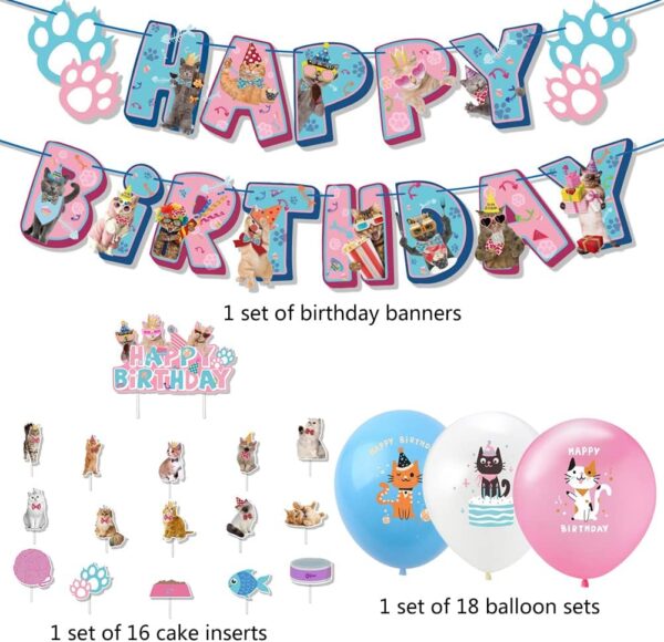 Cat Party Decorations，Cat Birthday Party Supplies，Cat Face Happy Birthday Banner cat cake decorations cat print balloons，Animal pet party decorations cat themed birthday party Baby Shower - Image 2