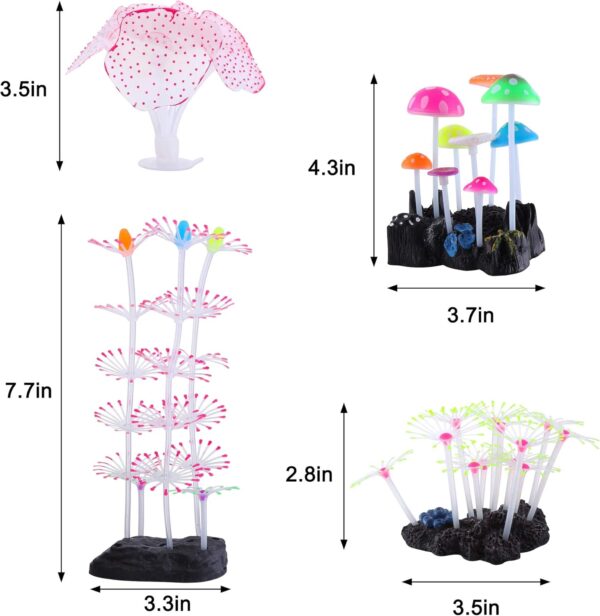 Filhome Glowing Fish Tank Decorations Plants, 4 pcs Glow Aquarium Coral Ornament Decorations Glowing Mushroom Coral Plant Lotus Kelp and Anemone - Image 3