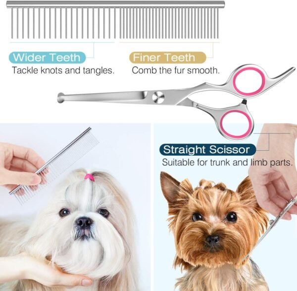 Pawaboo Dog Grooming Scissors 5 Pack, Dog Grooming Kit Stainless Steel Titanium Coated Dog Scissors Dog Grooming Scissors Set, Straight/Curved Shears & Comb with Case for Small Large Pet Dog Cat, Pink - Image 5