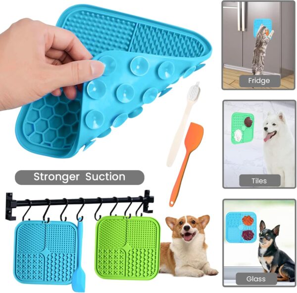 Q Lines® Licky Mats for Dogs - 2 Pack Slow Feeder with Strong Suction Cups - Soothes Anxiety, Promotes Dental Health - Includes Spatula & Brush - Perfect for Bathing, Grooming, Training (Blue, Green) - Image 5