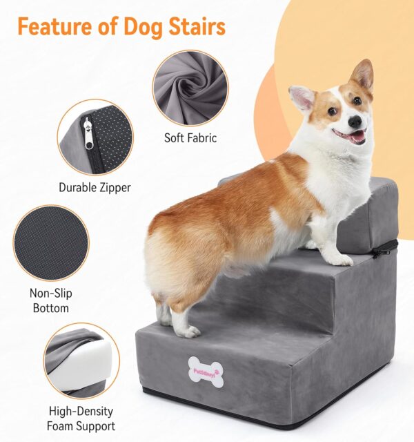 The Fellie Dog Stairs for Small Dogs, 2 Layers Dog Steps for Bed Sofa, 2/3 Steps in One, Height Adjustable Pet Steps for Small Older Injured Dogs Cats, Non-Slip Dog stairs with Washable Cover, Grey - Image 2