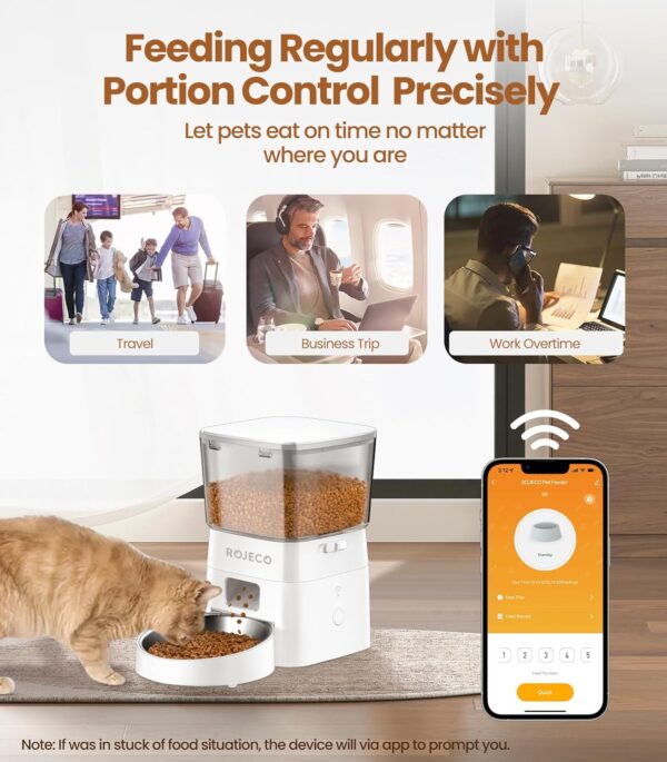 ROJECO Automatic Cat Feeder, 2.4G WiFi APP Control Cat Feeder, Dual Power Supply Pet Feeder with Stainless Steel Bowl, Time & Portion Programmable 10 Meals, 1 to 20 Portions Per Meal Suitable for Pet - Image 6