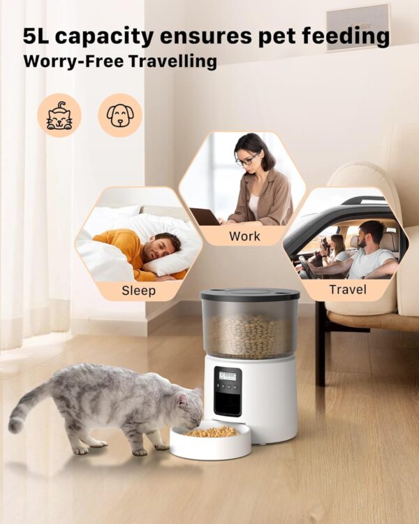 BEMOONY Automatic Cat Feeder, 5L Cat Food Dispenser with 1-6 Meals, Customized Feeding Schedule for Cats & Dogs, Dual Power Supply, Double Lock, 10s Voice, Cat Feeder Including Desiccant Bag, White - Image 2