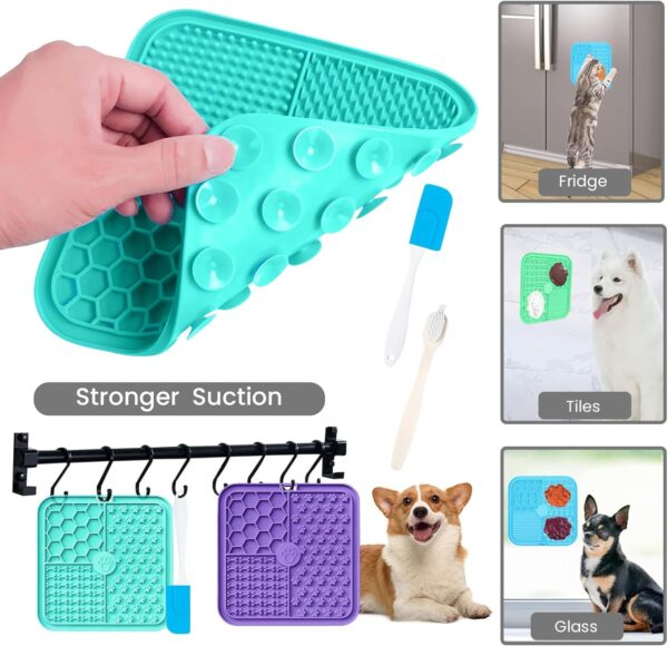 Licky Mats for Dogs – Pack of 2 Licky Mats With Spatula - Dogs Accessories Bathing Training Pad With Strong Suction Cup - Slow Pet Feeder For Food, Treats, Peanut Butter (Light Blue/Purple) - Image 5