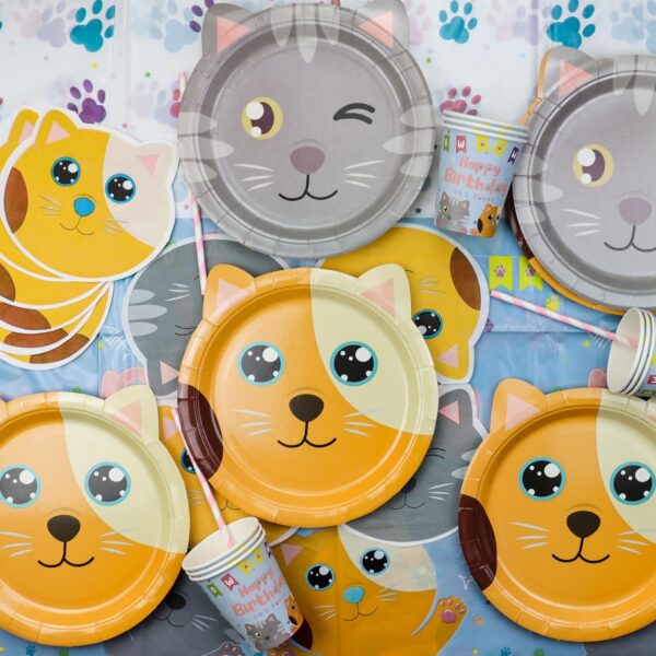 Cat Theme Party Decorations, Includes Cat Happy Birthday Banner, Paper Plates, Tablecloth, Napkins, Cups for Kids Birthday Party Decorations, Kitten Theme Party Supplies, Serves 20 Guests - Image 3