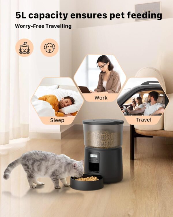 BEMOONY 5L Automatic Cat Feeder, Cat Food Dispenser with 1-6 Meals, Customized Feeding Schedule for Cats & Dogs, Dual Power Supply, Double Lock, 10s Voice, Cat Feeder Including Desiccant Bag - Image 2