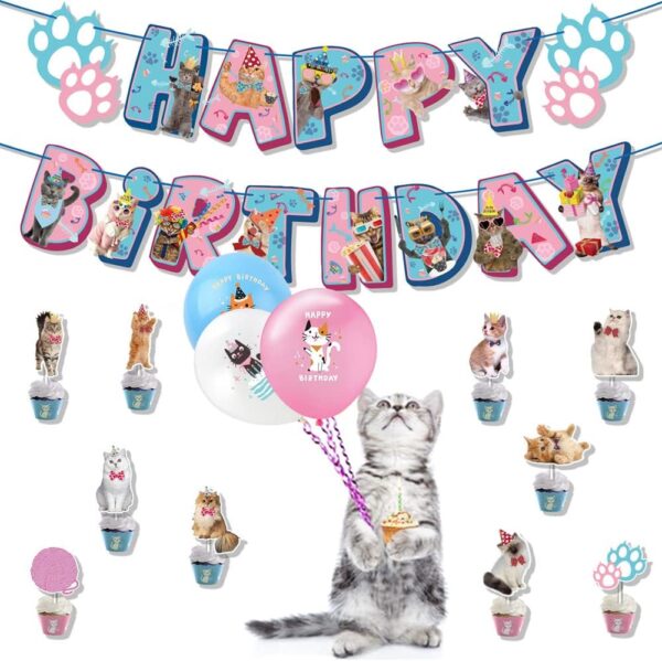 Cat Party Decorations，Cat Birthday Party Supplies，Cat Face Happy Birthday Banner cat cake decorations cat print balloons，Animal pet party decorations cat themed birthday party Baby Shower - Image 6