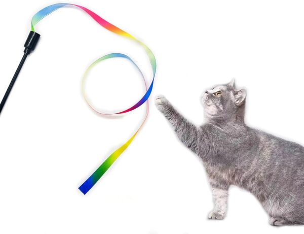 Cretty-Meet 2pcs Cat Wand Interactive Toy Colorful Fabric Ribbon Rainbow Cat String Toy Cat Teaser Wand for Kitten Exerciser Accessories Cat Training Playing Creative Funny Indoor Pet Interactive Toy - Image 4