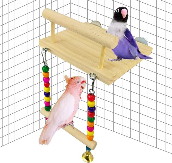 TeTupGa Bird Perches Cage Toys, Parrot Wooden Platform Stand with Swing Bell Swing Hanging Standing Chewing Toy Bird Cage Accessories for Parakeet, Cockatiels, Conures, Budgie, Lovebird - Image 5