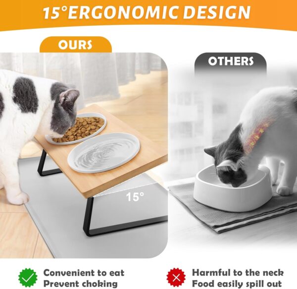 Vmglgig 2PCS Cat Bowl, Ceramic Cat Food Bowls With 15° Tilted Wood Stand,Raised Cat Bowls for Food and Water, Bamboo Cat Feeding Station with Cat Food Mat for Cats and Puppy - Image 3